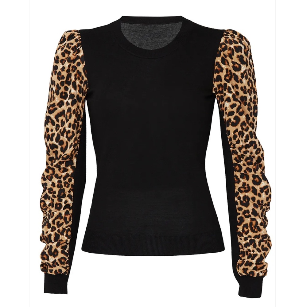 $395 VERONICA BEARD Adler Black Leopard Sleeve Merino Wool, Silk Sweater